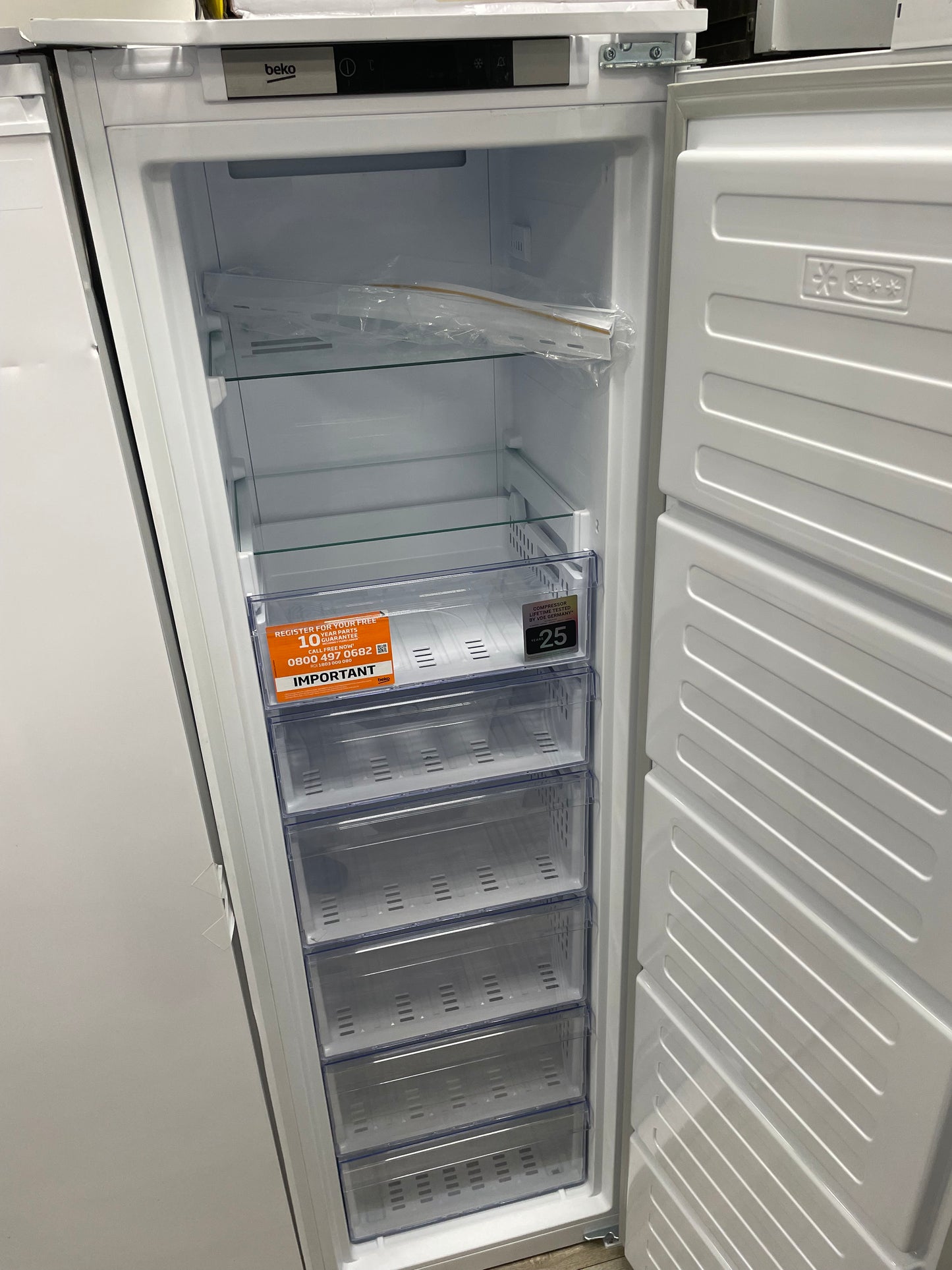 Beko BFFD4577 Integrated 178cm Frost Free Upright Freezer with Sliding Door Hinge Kit - E Rated